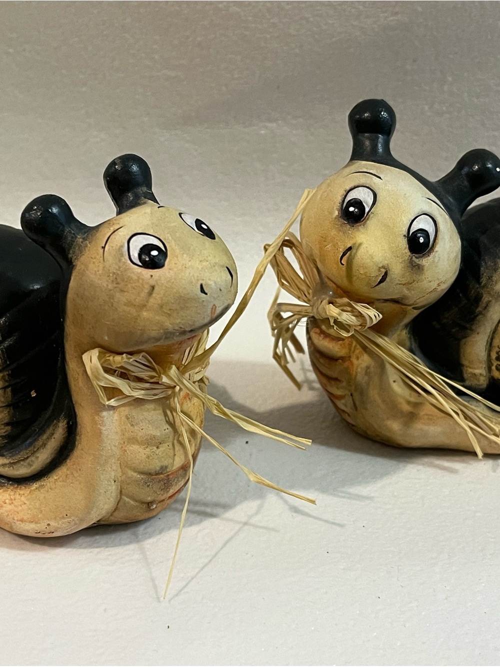 Ceramic Bee Snail Figurines Pair in Cream and Black - Decorative Home Accents